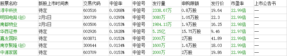 2020年2月已发行待上市的新股